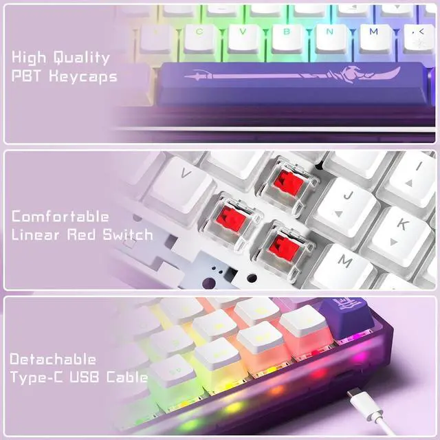 Alt view image 3 of 7 - 60% Percent Keyboard, WK61 Mechanical RGB Wired Gaming Keyboard, Hot-Swappable Purple Keyboard with PBT Keycaps for Windows PC Gamers - Linear Red Switch