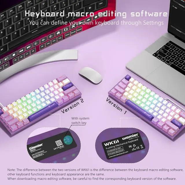 Alt view image 5 of 7 - 60% Percent Keyboard, WK61 Mechanical RGB Wired Gaming Keyboard, Hot-Swappable Purple Keyboard with PBT Keycaps for Windows PC Gamers - Linear Red Switch