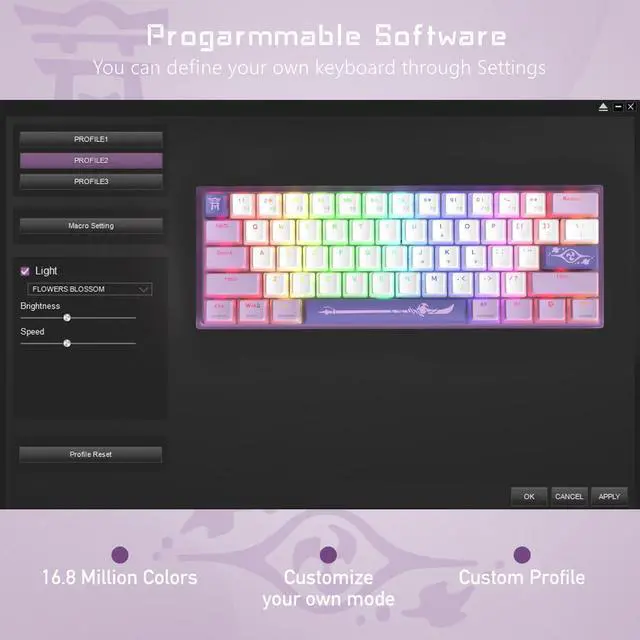Alt view image 6 of 7 - 60% Percent Keyboard, WK61 Mechanical RGB Wired Gaming Keyboard, Hot-Swappable Purple Keyboard with PBT Keycaps for Windows PC Gamers - Linear Red Switch