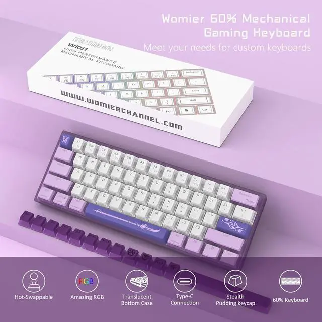 Alt view image 7 of 7 - 60% Percent Keyboard, WK61 Mechanical RGB Wired Gaming Keyboard, Hot-Swappable Purple Keyboard with PBT Keycaps for Windows PC Gamers - Linear Red Switch