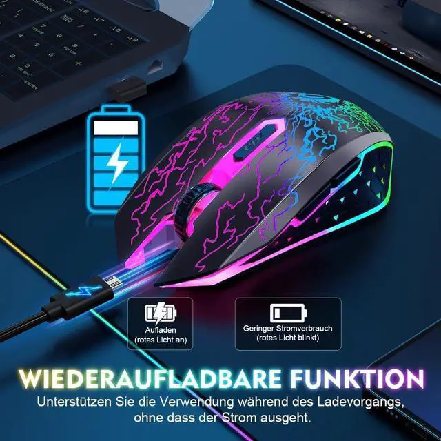 Alt view image 6 of 7 - VersionTECH. Wireless Gaming Mouse, Rechargeable Computer Mouse Mice with Colorful LED Lights, Silent Click, 2.4G USB Nano Receiver, 3 Level DPI for PC Gamer Laptop Desktop Chromebook Mac-Black