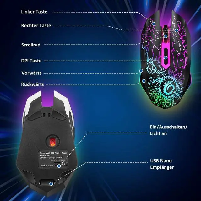Alt view image 7 of 7 - VersionTECH. Wireless Gaming Mouse, Rechargeable Computer Mouse Mice with Colorful LED Lights, Silent Click, 2.4G USB Nano Receiver, 3 Level DPI for PC Gamer Laptop Desktop Chromebook Mac-Black