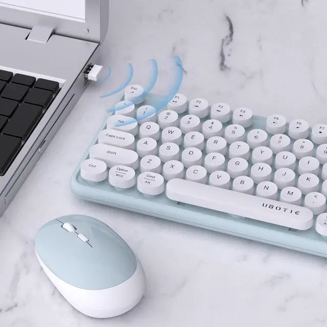 Alt view image 3 of 6 - UBOTIE Colorful Computer Wireless Keyboard Mouse Combos, Typewriter Flexible Keys Office Full-Sized Keyboard, 2.4GHz Dropout-Free Connection and Optical Mouse (Green-White)