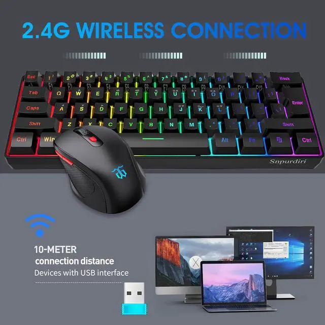 Alt view image 2 of 7 - Snpurdiri 60% Wireless Gaming Keyboard and Mouse Combo, Include 2.4G Small Mini Merchanical Feel Keyboard, Ergonomic Design Vertical