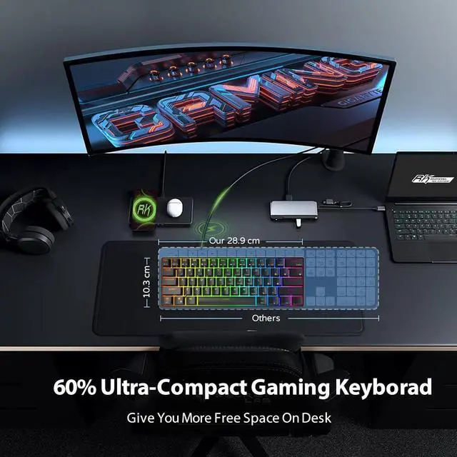 Alt view image 5 of 7 - RK ROYAL KLUDGE RK61 Wired 60% Mechanical Gaming Keyboard Programmable QMK/VIA RGB Backlit 61 Keys Ultra-Compact Hot Swappable Red Switch Black