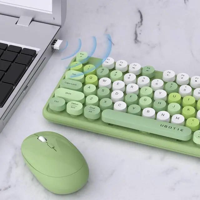 Alt view image 3 of 6 - UBOTIE Colorful Computer Wireless Keyboards Mouse Combos, Typewriter Flexible Keys Office Full-Sized Keyboard, 2.4GHz Dropout-Free Connection and Optical Mouse (Green-Colorful)