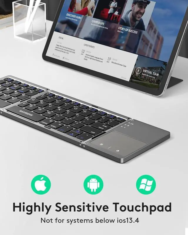 Alt view image 3 of 7 - Samsers Foldable Bluetooth Keyboard with Touchpad Portable Wireless Keyboard with Stand Holder, Rechargeable Full Size Ultra Slim Pocket Folding Keyboard for Android Windows iOS Tablet & Laptop-Gray