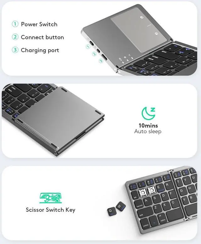 Alt view image 6 of 7 - Samsers Foldable Bluetooth Keyboard with Touchpad Portable Wireless Keyboard with Stand Holder, Rechargeable Full Size Ultra Slim Pocket Folding Keyboard for Android Windows iOS Tablet & Laptop-Gray