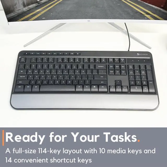Alt view image 4 of 7 - X9 Performance Multimedia USB Wired Keyboard - Comfortable Typing - Ergonomic Full Size Keyboard with Wrist Rest and 114 Keys - External Computer Keyboard for Laptop and Office PC