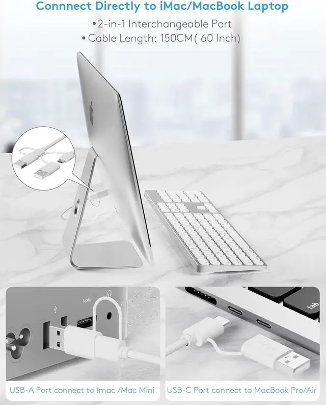 Alt view image 5 of 7 - All-Aluminum Keyboard for Apple Mac OS,Well-Built and Duralable, USB-A/USB-C Wired Keyboard with Numeric Keypad for iMac/Mac Mini or MacBook (Keyboard Riser Included)