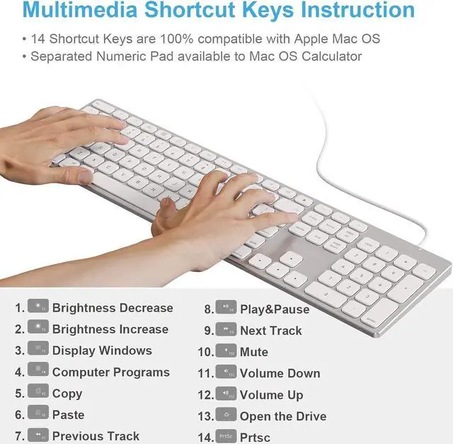 Alt view image 4 of 7 - All-Aluminum Keyboard for Apple Mac OS,Well-Built and Duralable, USB-A/USB-C Wired Keyboard with Numeric Keypad for iMac/Mac Mini or MacBook (Keyboard Riser Included)