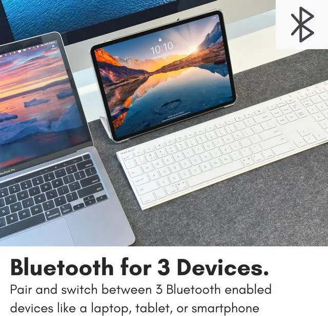 Alt view image 3 of 7 - Macally Wireless Bluetooth Keyboard for Mac or Windows PC - Compatible Apple Keyboard Rechargeable - Multi-Device Keyboard, Up to 3 Devices with 110 Keys, 20 Shortcuts, and Numeric Keypad - White