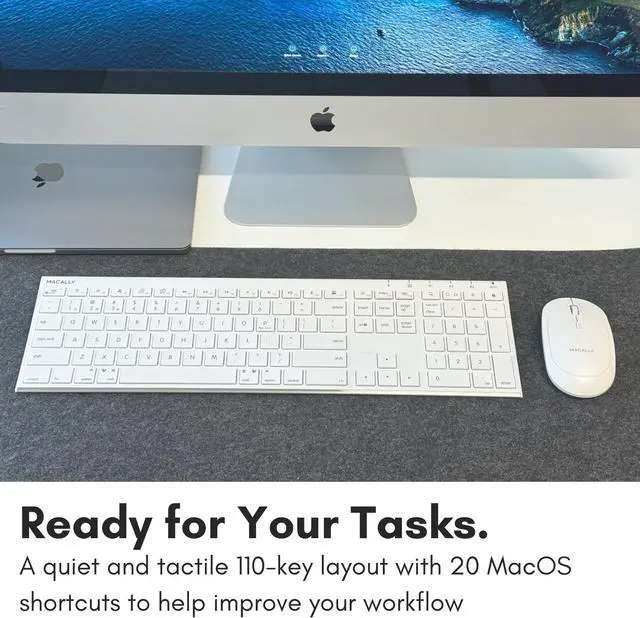 Alt view image 5 of 7 - Macally Wireless Bluetooth Keyboard for Mac or Windows PC - Compatible Apple Keyboard Rechargeable - Multi-Device Keyboard, Up to 3 Devices with 110 Keys, 20 Shortcuts, and Numeric Keypad - White