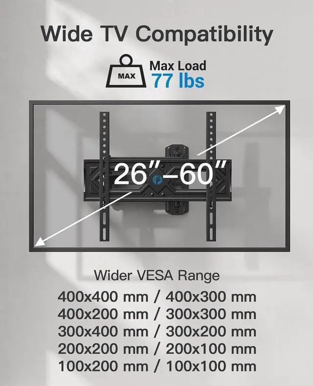 Alt view image 2 of 7 - Pipishell Full Motion TV Wall Mount for 26-60 Inch Flat Curved TVs, Heavy Duty Single Articulating Arms TV Bracket Up to VESA 400x400mm and 77lbs, Support Swivel, Tilt, Level Adjustment
