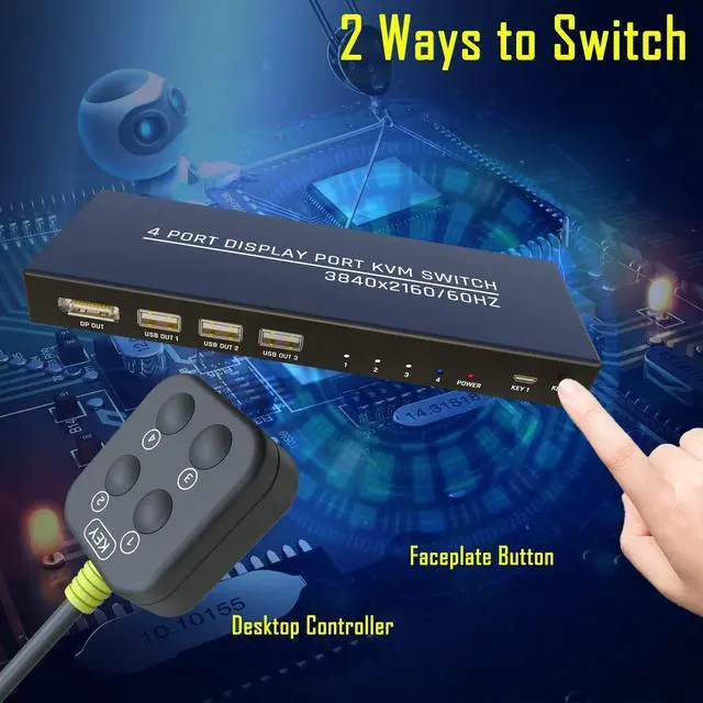 Alt view image 4 of 6 - KVM Switch DisplayPort 4 Port - DP KVM Switch 4 Computer, One Monitor Switch to Share Mouse, Keyboard, Printer, USB 2.0 Device and Ultra HD Monitor, Support 4K@60Hz, 4 DP and 4 USB Cable Included