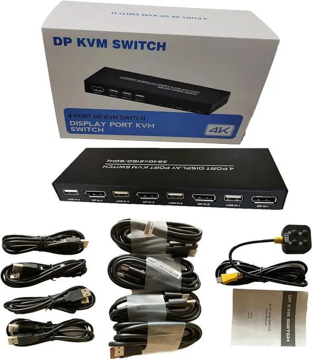 Alt view image 6 of 6 - KVM Switch DisplayPort 4 Port - DP KVM Switch 4 Computer, One Monitor Switch to Share Mouse, Keyboard, Printer, USB 2.0 Device and Ultra HD Monitor, Support 4K@60Hz, 4 DP and 4 USB Cable Included