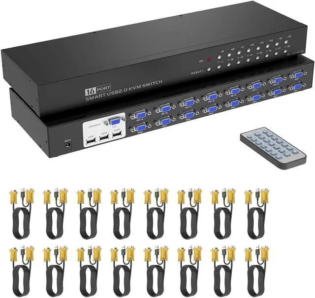Main image of 16 Port KVM Switch,Yinker Rack KVM Console VGA 16x1 w/16-Pack Cables IR Remote & Ears Support HD 1080P 1U Rack Cabinet