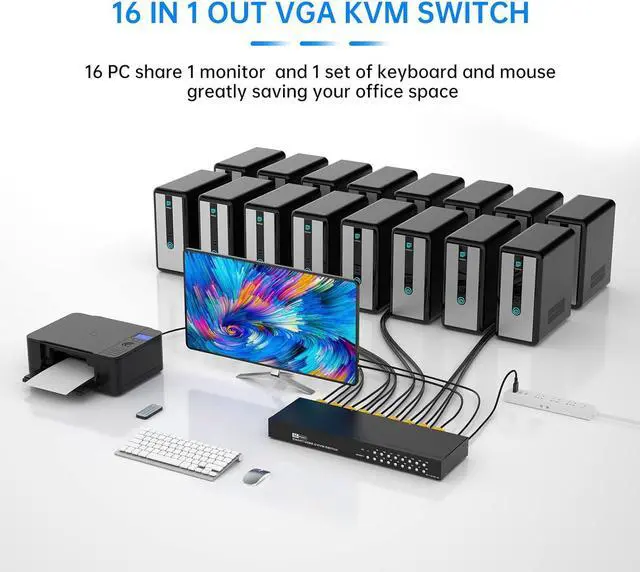 Alt view image 2 of 7 - 16 Port KVM Switch,Yinker Rack KVM Console VGA 16x1 w/16-Pack Cables IR Remote & Ears Support HD 1080P 1U Rack Cabinet
