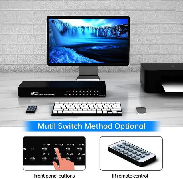 Alt view image 4 of 7 - 16 Port KVM Switch,Yinker Rack KVM Console VGA 16x1 w/16-Pack Cables IR Remote & Ears Support HD 1080P 1U Rack Cabinet