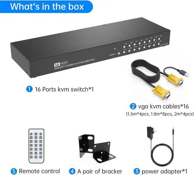 Alt view image 4 of 7 - 16 Port KVM Switch,Yinker Rack KVM Console VGA 16x1 w/16-Pack Cables IR Remote & Ears Support HD 1080P 1U Rack Cabinet