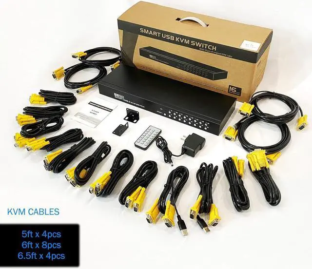 Alt view image 7 of 7 - 16 Port KVM Switch,Yinker Rack KVM Console VGA 16x1 w/16-Pack Cables IR Remote & Ears Support HD 1080P 1U Rack Cabinet