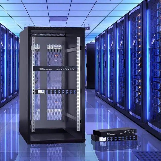 Alt view image 5 of 7 - 16 Port KVM Switch,Yinker Rack KVM Console VGA 16x1 w/16-Pack Cables IR Remote & Ears Support HD 1080P 1U Rack Cabinet