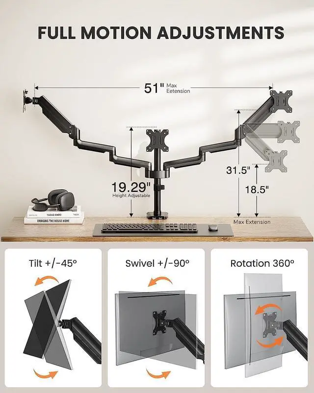Alt view image 3 of 7 - ErGear 3 Monitor Desk Mount for 13 to 27 inch Computer Screens, Gas Spring Triple Arm Monitor Mount with USB, Heavy Duty Triple Monitor Stand, Each Arm Holds Up to 17.6 lbs, VESA 75x75, 100x100