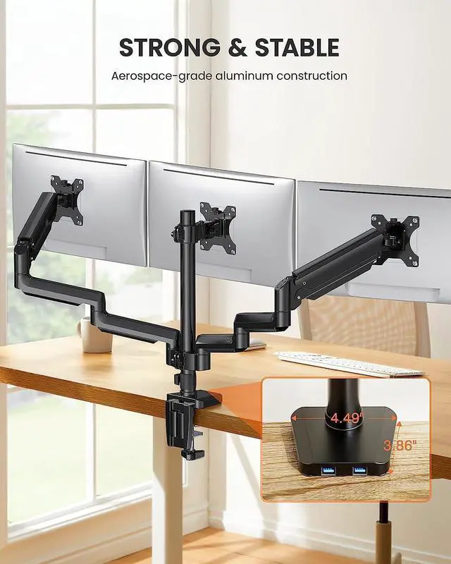 Alt view image 4 of 7 - ErGear Triple Monitor Mount for 13-27 inch Screens, Gas Springcore Triple Monitor Arms with USB, Heavy Duty Three Monitors Stand with Tilt, Swivel, Rotation, Holds Up to 17.6 lbs Each Arm