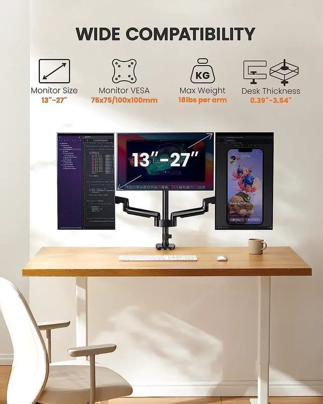 Alt view image 2 of 7 - ErGear Triple Monitor Mount for 13-27 inch Screens, Gas Springcore Triple Monitor Arms with USB, Heavy Duty Three Monitors Stand with Tilt, Swivel, Rotation, Holds Up to 17.6 lbs Each Arm