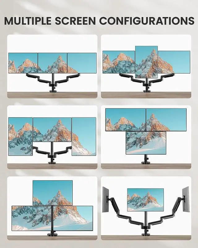 Alt view image 7 of 7 - ErGear Triple Monitor Mount for 13-27 inch Screens, Gas Springcore Triple Monitor Arms with USB, Heavy Duty Three Monitors Stand with Tilt, Swivel, Rotation, Holds Up to 17.6 lbs Each Arm