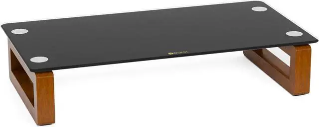 Main image of YEOUX Black Glass Computer Monitor Stand Riser with Wooden Base for Flat Screen LCD, LED TV, Laptop, Printer, Multi Media Desktop Stand, Office Supplies Desk Organization