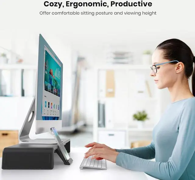 Alt view image 6 of 7 - Monitor Stand Riser, Klearlook Foldable Computer Monitor Riser,Height Adjustable Computer Stand, Desk Shelf Riser with Storage Drawer & Tablet Phone Stand for Computer, Desktop, Laptop (Black)