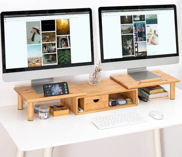 Alt view image 2 of 7 - Dual Monitor Stand Riser with Drawer for Desk Laptop Desk Shelf with Adjustable Length and Angle, Bamboo Computer Stand Riser for 2 or 3 Monitors Screen Laptop PC TV -Natural