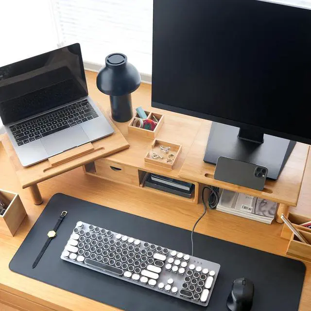 Alt view image 4 of 7 - Dual Monitor Stand Riser with Drawer for Desk Laptop Desk Shelf with Adjustable Length and Angle, Bamboo Computer Stand Riser for 2 or 3 Monitors Screen Laptop PC TV -Natural