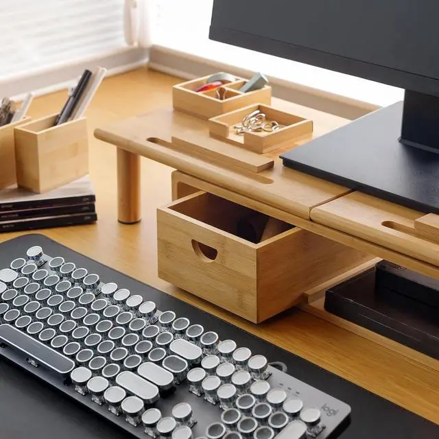 Alt view image 3 of 7 - Dual Monitor Stand Riser with Drawer for Desk Laptop Desk Shelf with Adjustable Length and Angle, Bamboo Computer Stand Riser for 2 or 3 Monitors Screen Laptop PC TV -Natural