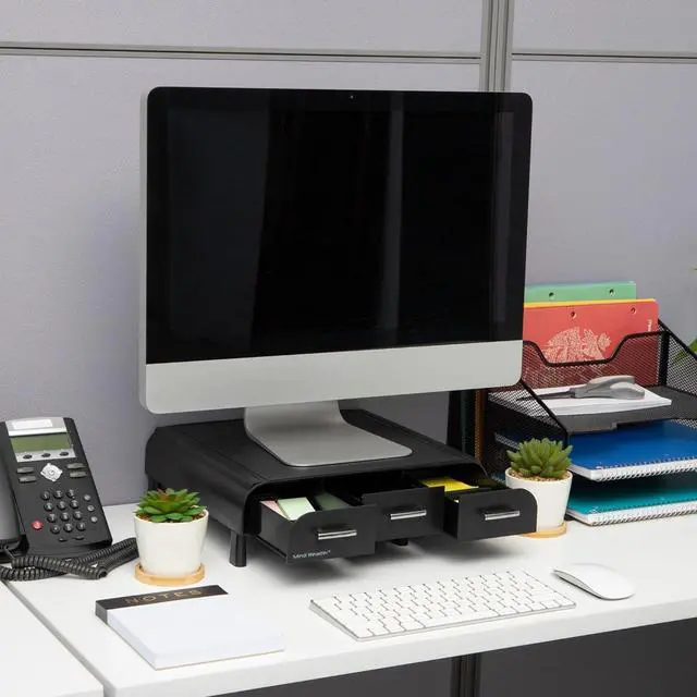 Alt view image 2 of 7 - Mind Reader Monitor Stand, Laptop Riser, Desktop Organizer, Storage Drawer, Office, Plastic, 13.5"L x 13"W x 4"H, Black