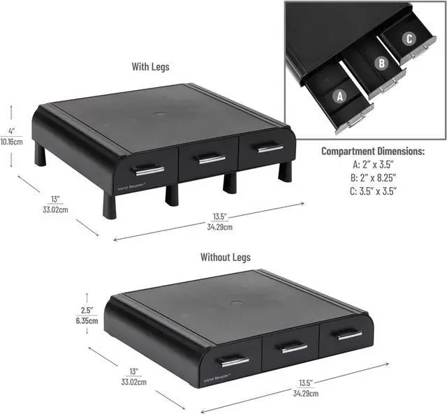 Alt view image 3 of 7 - Mind Reader Monitor Stand, Laptop Riser, Desktop Organizer, Storage Drawer, Office, Plastic, 13.5"L x 13"W x 4"H, Black