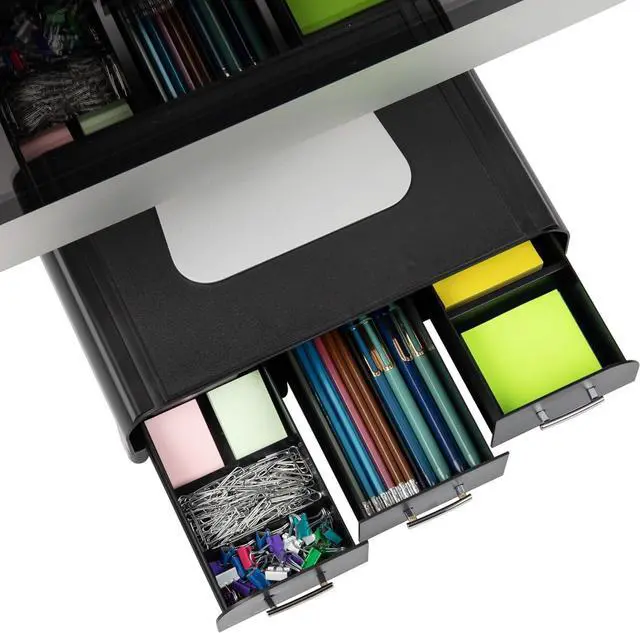 Alt view image 5 of 7 - Mind Reader Monitor Stand, Laptop Riser, Desktop Organizer, Storage Drawer, Office, Plastic, 13.5"L x 13"W x 4"H, Black