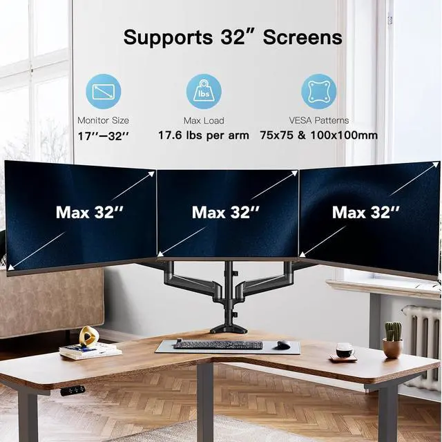 Alt view image 2 of 7 - Triple Monitor Mount for 17 to 32 inch Screens Gas Springs Adjustment Triple Monitor Stand with Swivel Tilt Rotation Clamp & Grommet Kit (Black)