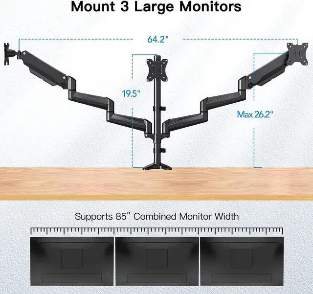 Alt view image 3 of 7 - Triple Monitor Mount for 17 to 32 inch Screens Gas Springs Adjustment Triple Monitor Stand with Swivel Tilt Rotation Clamp & Grommet Kit (Black)