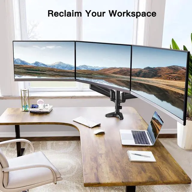 Alt view image 6 of 7 - Triple Monitor Mount for 17 to 32 inch Screens Gas Springs Adjustment Triple Monitor Stand with Swivel Tilt Rotation Clamp & Grommet Kit (Black)