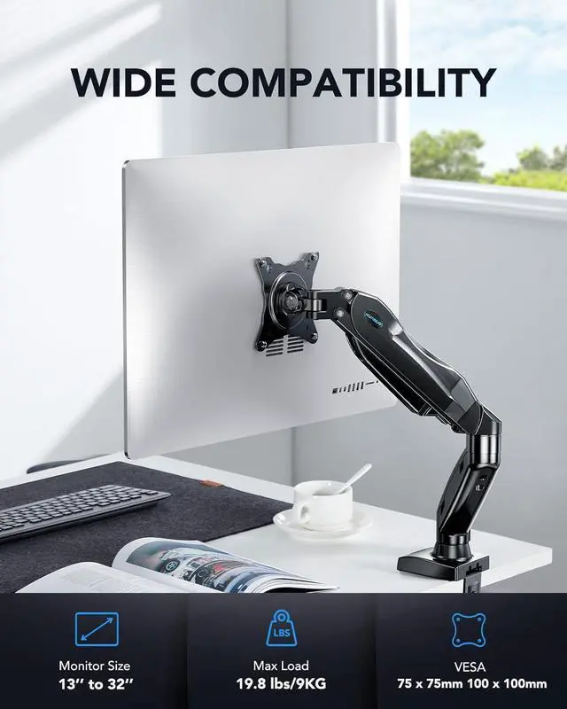 Alt view image 2 of 7 - HUANUO Single Monitor Mount, 13 to 32 Inch Gas Spring Monitor Arm, Adjustable Stand, Vesa Mount with Clamp and Grommet Base - Fits 4.4 to 19.8lbs LCD Computer Monitors