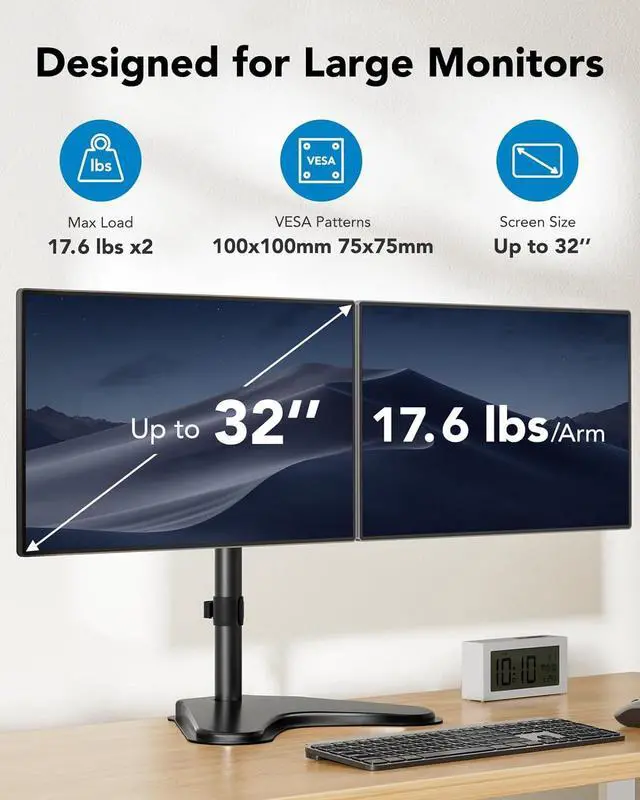 Alt view image 2 of 7 - HUANUO 32 inches Dual Monitor Stand up to 17.6lbs per Arm, High-Grade Aluminum Free-Standing Dual Monitors Mount for 2 Screens. Fully Adjustable Dual Monitor Stand for Desk with Tilt, Swivel, Rotation