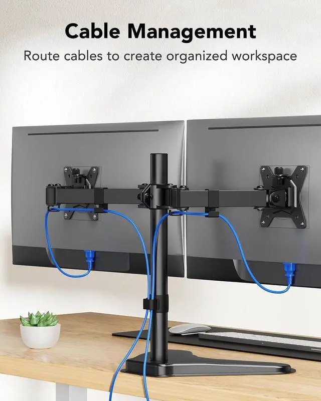 Alt view image 6 of 7 - HUANUO 32 inches Dual Monitor Stand up to 17.6lbs per Arm, High-Grade Aluminum Free-Standing Dual Monitors Mount for 2 Screens. Fully Adjustable Dual Monitor Stand for Desk with Tilt, Swivel, Rotation