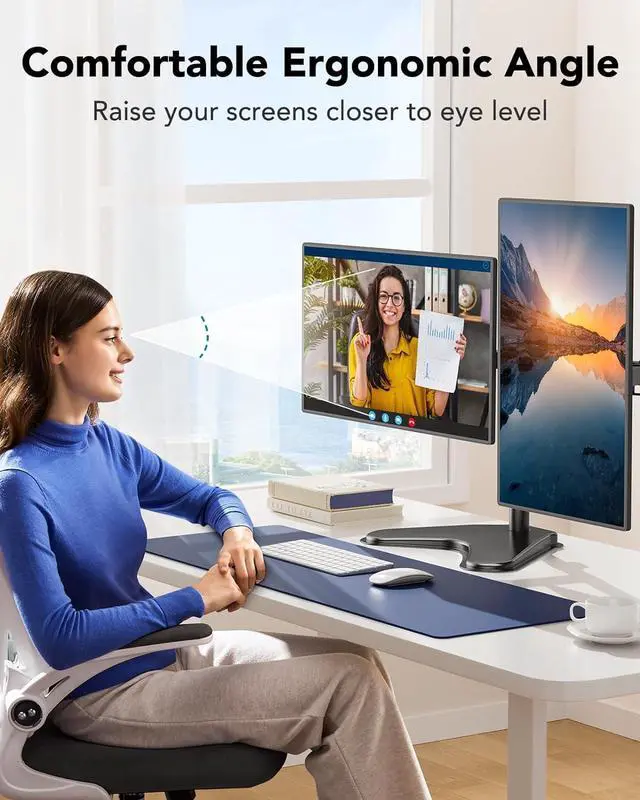 Alt view image 7 of 7 - HUANUO 32 inches Dual Monitor Stand up to 17.6lbs per Arm, High-Grade Aluminum Free-Standing Dual Monitors Mount for 2 Screens. Fully Adjustable Dual Monitor Stand for Desk with Tilt, Swivel, Rotation