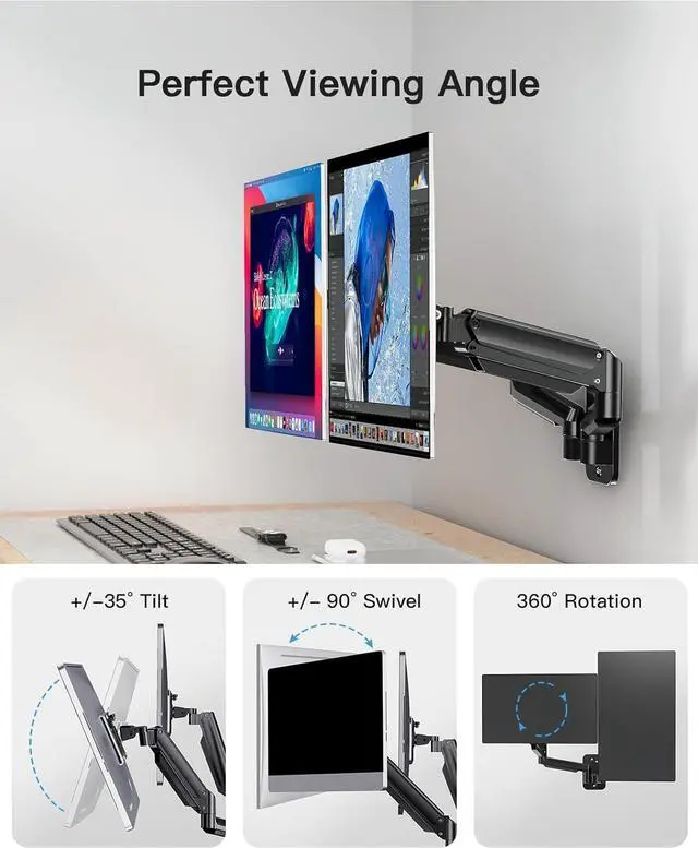 Alt view image 3 of 7 - HUANUO Dual Monitor Wall Mount for 17 to 32 Inch Screen, Wall Mount Monitor Arm for 2 Monitors, Each Holds Up to 17.6lbs, Full Motion Wall Monitor Mount with Tilt Rotate Swivel, VESA 75x75 or 100x100