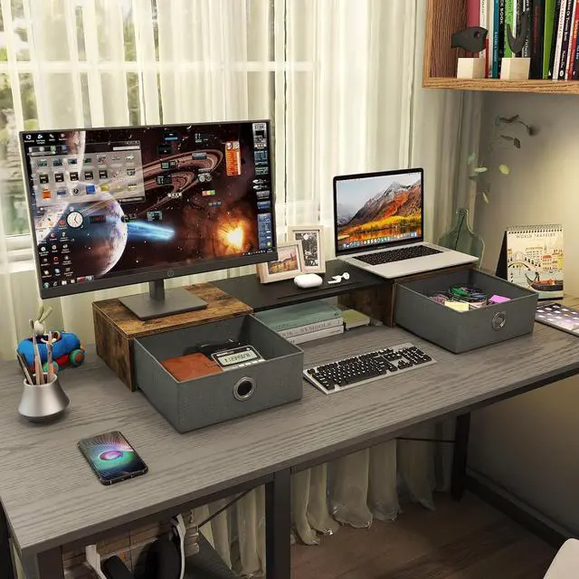 Alt view image 4 of 6 - WESTREE Dual Monitor Stand Riser with Two Drawers, Extra Large Storage for 2 Monitors, Desktop Oraganizer Computer,Laptop,Screen,Printer,TV