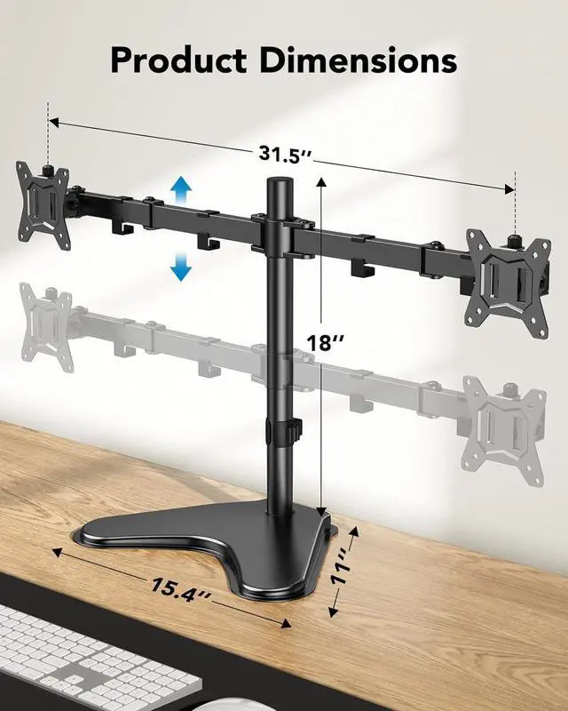 Alt view image 3 of 7 - HUANUO 13-32 inch Dual Monitor Stand for Desk, Free Standing Monitor Stands for 2 Screens up to 17.6lbs per Arm, Fully Adjustable Dual Monitor Mount with Tilt, Swivel, Rotation, Max VESA 100x100mm