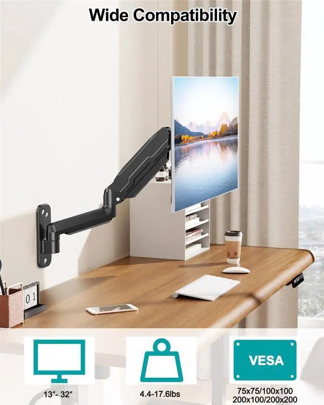 Alt view image 6 of 7 - MOUNT PRO Single Monitor Wall Mount for 13 to 32 Inch Computer Screens, Gas Spring Arm Holds Up to 17.6lbs, Full Motion Adjustable,VESA Mount 75x75, 100x100,Black