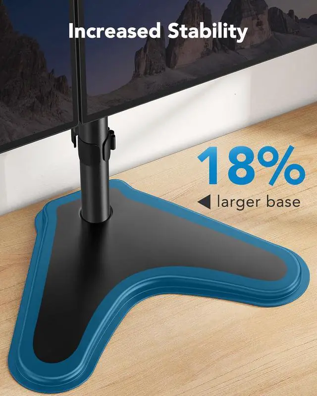 Alt view image 4 of 7 - HUANUO 32 inches Dual Monitor Stand up to 17.6lbs per Arm, High-Grade Aluminum Free-Standing Dual Monitors Mount for 2 Screens. Fully Adjustable Dual Monitor Stand for Desk with Tilt, Swivel, Rotation
